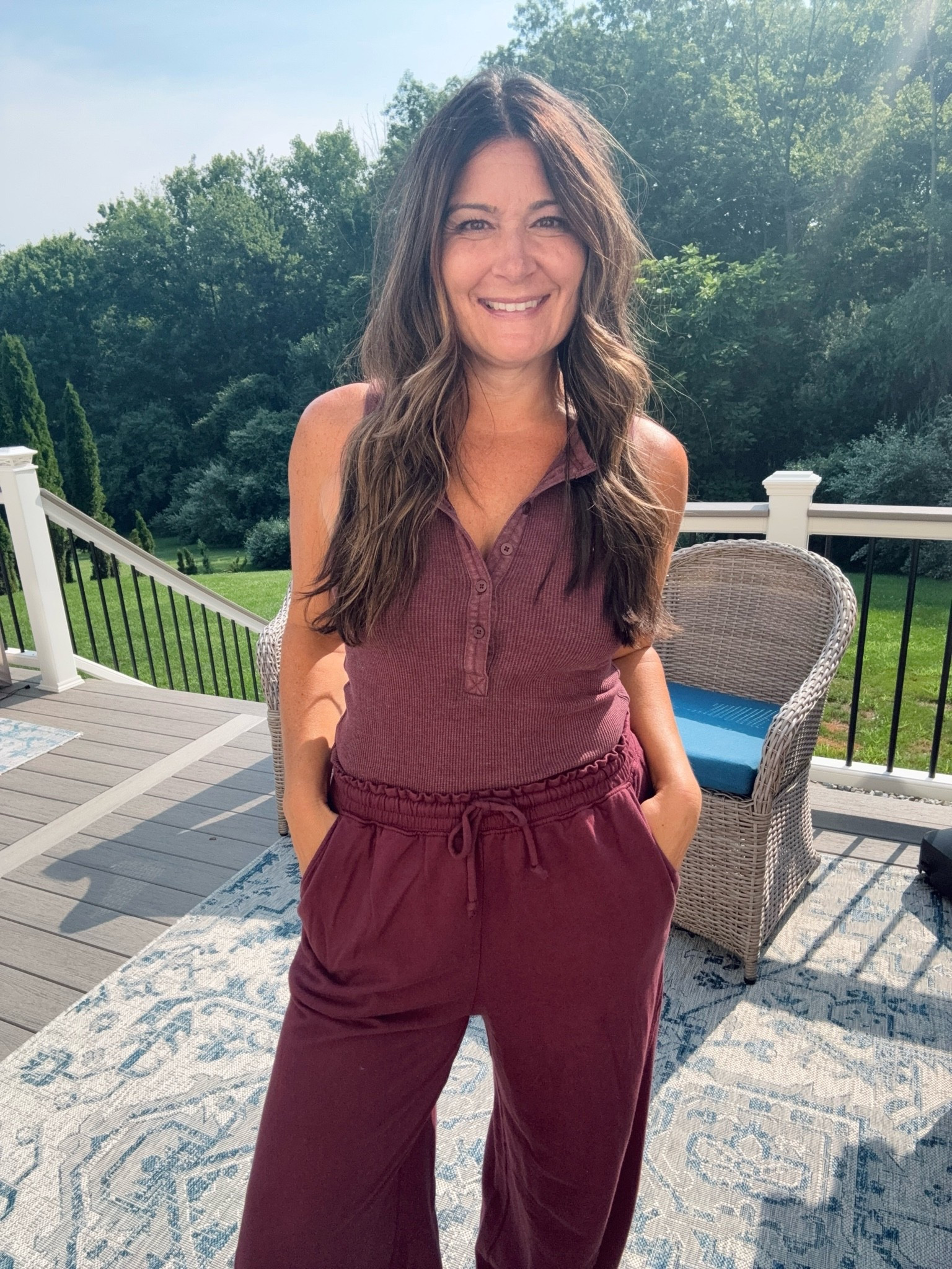 This @Aerie 
soft ribbed sleeveless henley tank paired with relaxed wide-leg drawstring pants in the prettiest rich wine color is lightweight, incredibly comfortable, and looks so much more expensive than it is.

#LTKootd #LTKmomlife #LTKOver40