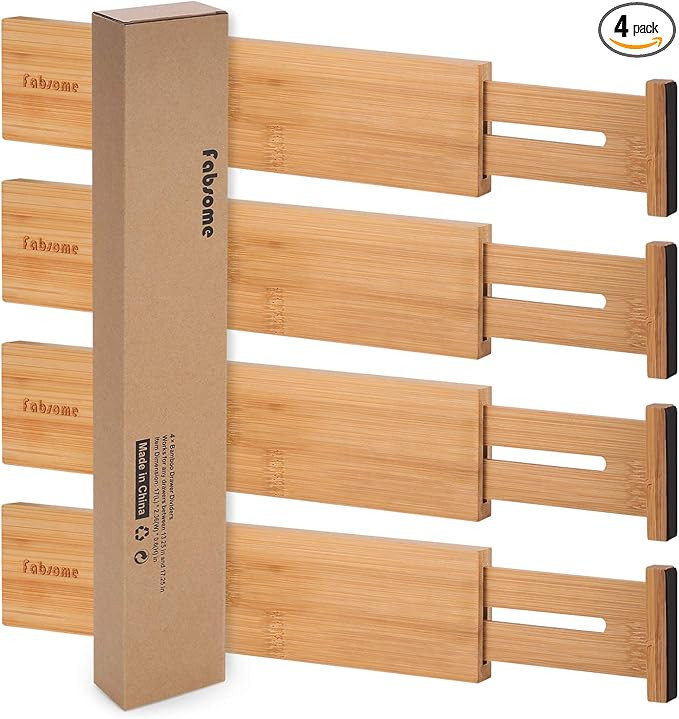 Fabsome Drawer Divider 4 Pack, Adjustable Bamboo Drawer Organizers for Clothing, Wooden Dresser D... | Amazon (US)