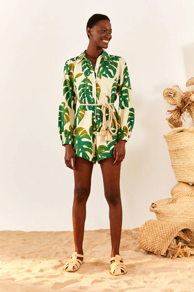 White Monstera Long Sleeve Romper | FarmRio (US)