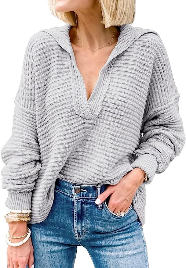 LILLUSORY Women V Neck Batwing Long Sleeve Oversized Fall Sweater Casual Collar Asymmetrical Hem ... | Amazon (US)