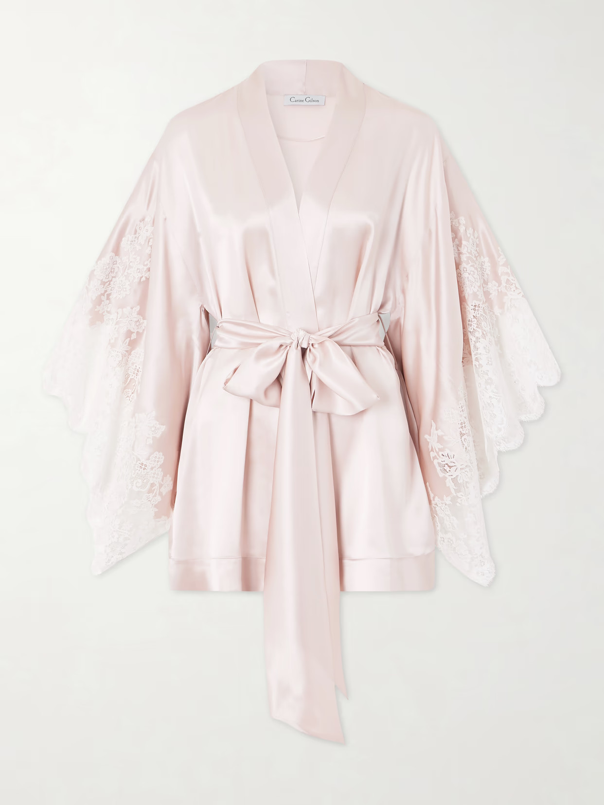 Carine Gilson - Belted Lace-trimmed Silk-satin Robe - Pink | NET-A-PORTER (US)