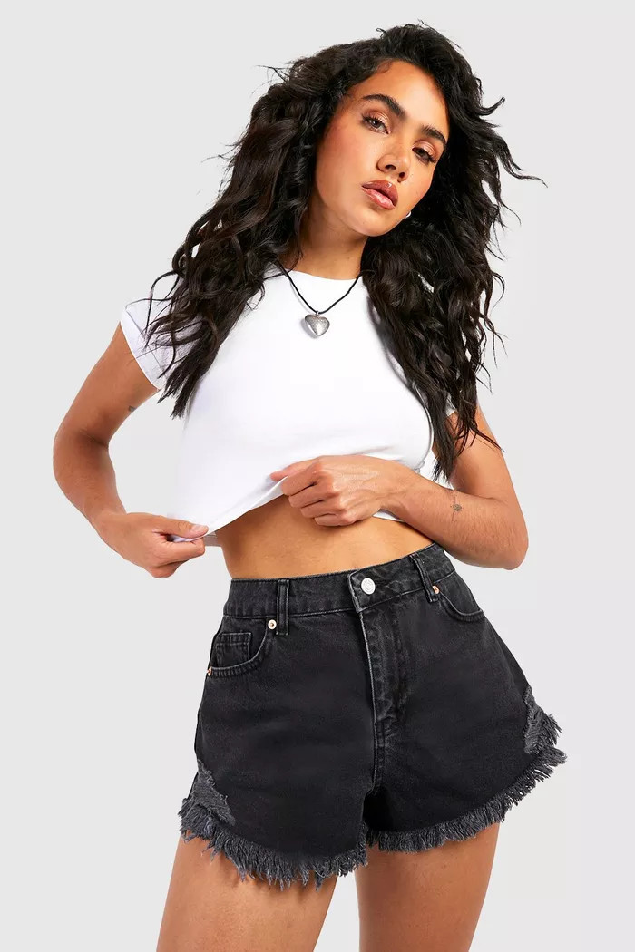 Washed Black Shark Bite Jean Shorts | Boohoo.com (US & CA)