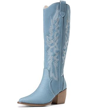 DREAM PAIRS Womens Cowboy Boots Comfortable Pull On Zipper Chunky Heel Pointed Toe Embroidered We... | Amazon (US)