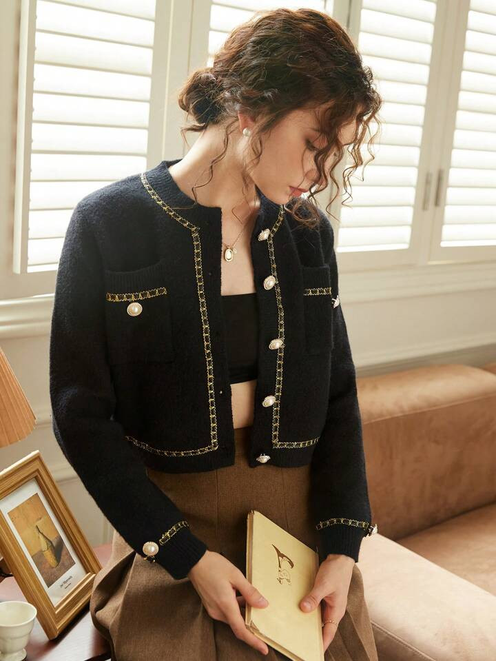 Knit Mix Cardigans acabamento de contraste botão frontal bolso remendado | SHEIN