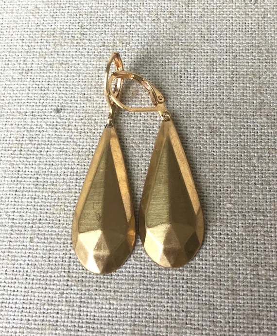 Faceted Geometric Drop 'Maxine' Earrings - Golden Brass Teardrop 3D Charms on Leverback Hooks - Vint | Etsy (US)