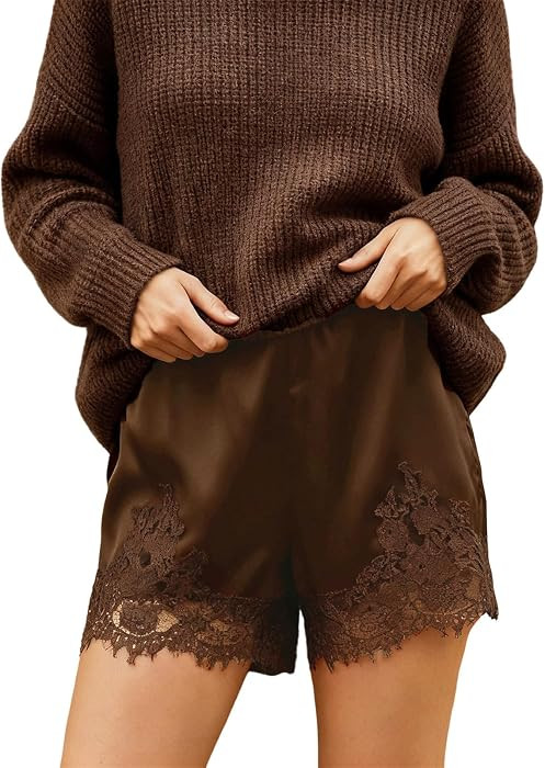 Satin Lace Shorts for Women Silk Slip Pajama Bottoms Mid Rise Coquette Lounge Streetwear Shorts | Amazon (US)