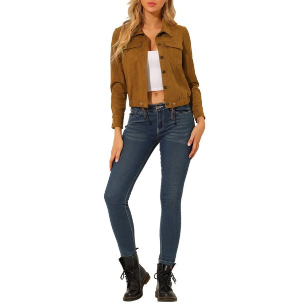 Allegra K Juniors Faux Suede Point Collar Button Down Cropped Motorcycle Jacket | Walmart (US)