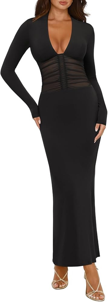 REORIA Women's Sexy Deep V Neck Long Sleeve Dress Mesh Sheer Ruched See Through Bodycon Maxi Long... | Amazon (US)