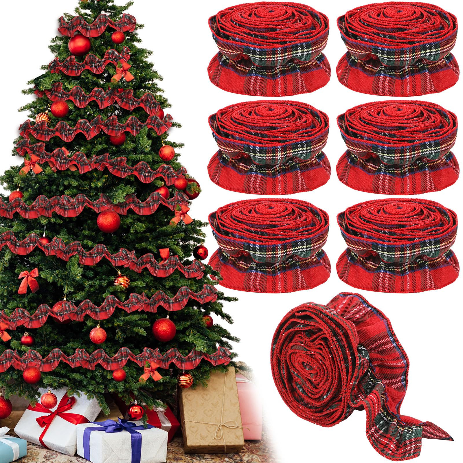 Norme 6 Rolls Tartan Plaid Christmas Tree Ribbon Garland 18 Yd/54 ft Red Green Buffalo Plaid Chri... | Amazon (US)
