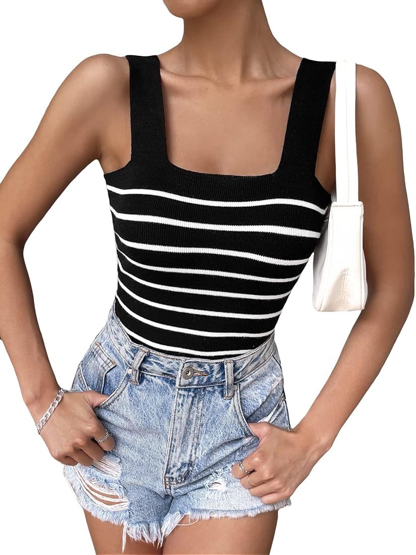 Floerns Women's Striped Print Sleeveless Square Neck Slim Fit Tank Top | Amazon (US)