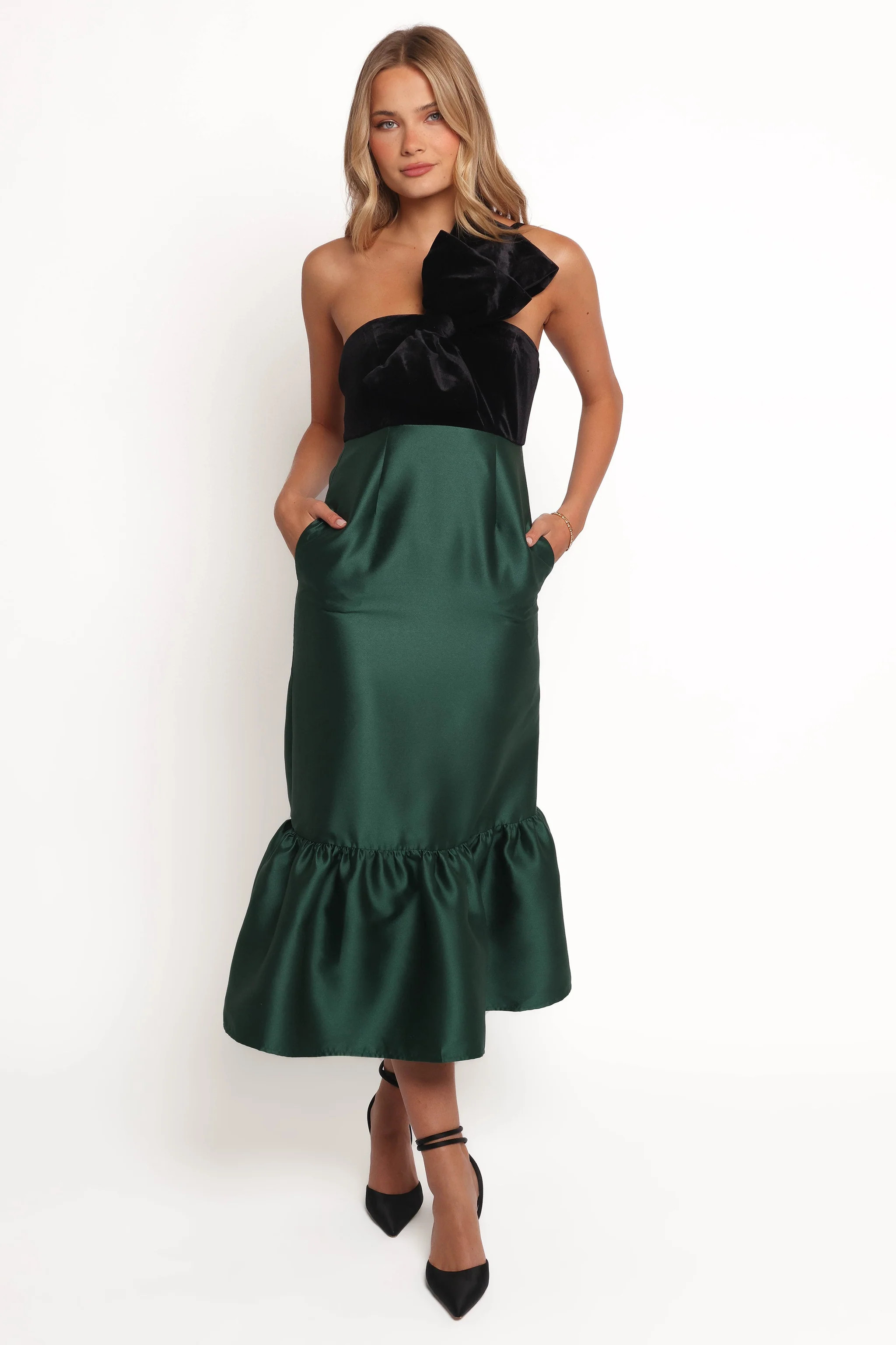 Amelie Bow Front One Shoulder Midi Dress - Black/Emerald | Petal & Pup (US)