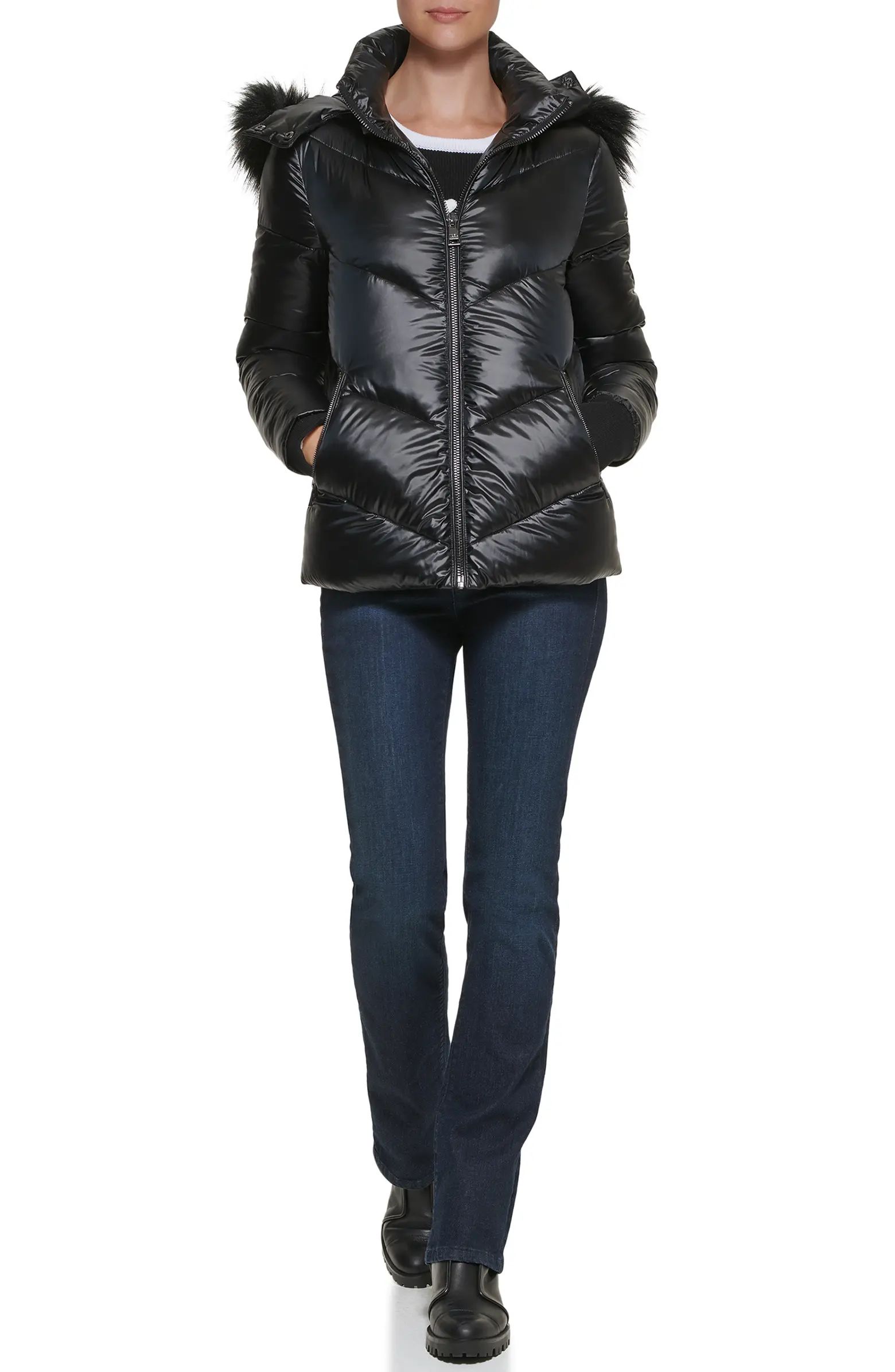 Aprés Ski Chevron Water Resistant Down & Polyester Fill Puffer Jacket with Removable Faux Fur Tr... | Nordstrom