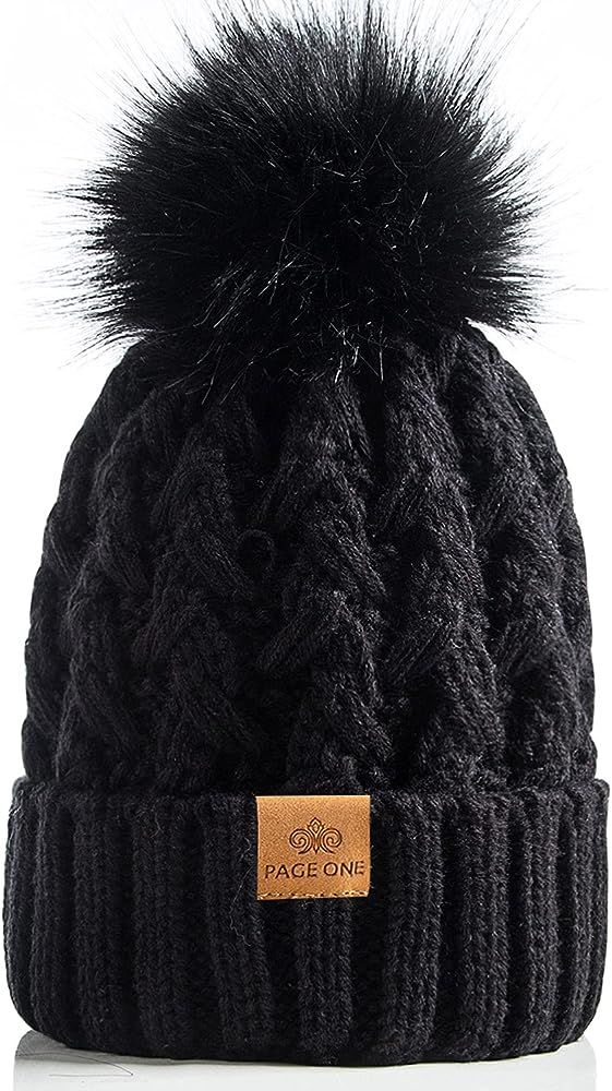 PAGE ONE Womens Winter Ribbed Beanie Crossed Cap Chunky Cable Knit Pompom Soft Warm Hat | Amazon (US)
