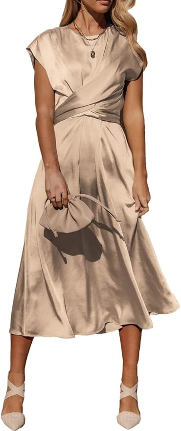 PRETTYGARDEN Women's 2023 Summer Satin Midi Dress Cap Sleeve Tie Waist Elegant A-Line Flowy Dress... | Amazon (US)