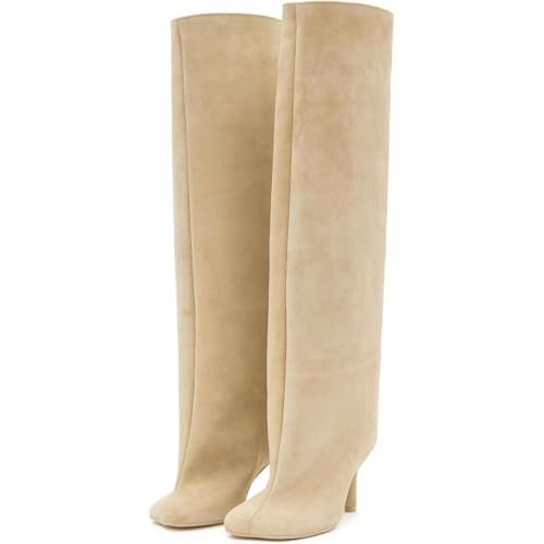 Trelako Women's Knee High Boots biege Wide Calf Stiletto Long Booties Square Toe Pull On High Heel Riding Boots for Women Ladies Fahion Dress Tall Boots | Amazon (US)