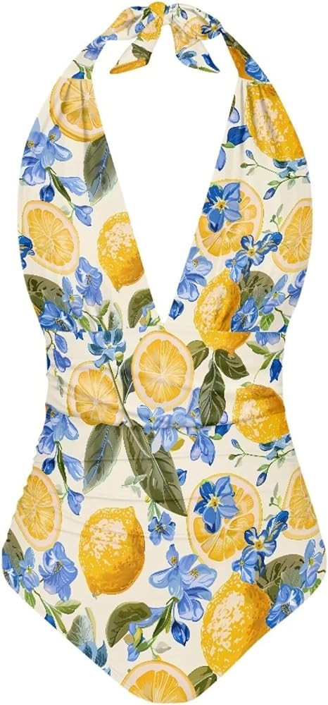 One Piece Swimsuit for Women V Neck Push Up Halter Strap Bathing Suit Plunging Tummy Control Swim... | Amazon (US)