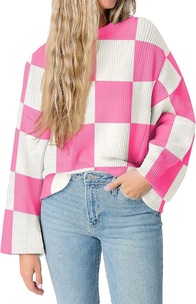 LILLUSORY Women's 2023 Fashion Checkered Long Sleeve Crewneck Oversized Striped Knit Pullover Swe... | Amazon (US)