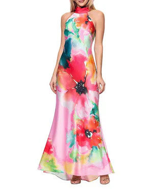 Satin Flower Print Halter Bow Tie Neckline Sleeveless Sheath Long Dress | Dillard's