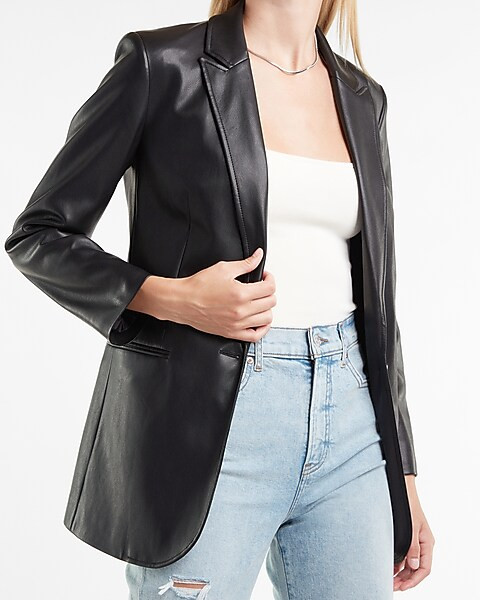 Faux Leather Peak Lapel One Button Boyfriend Blazer | Express