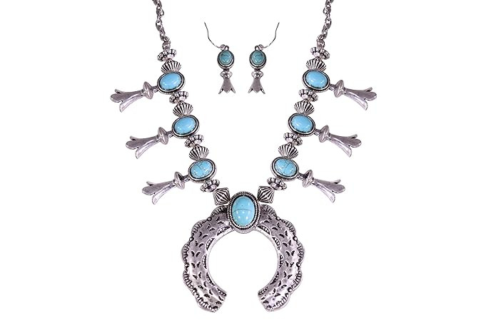 Small Turquoise Vintage Squash Blossom Metal Statement Necklace/w Earrings No.78 | Amazon (US)