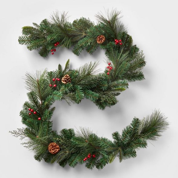 6ft Unlit Mixed Greenery with Pinecones and Red Berries Artificial Christmas Garland - Wondershop... | Target