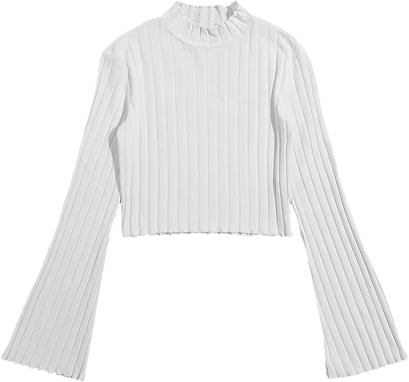 SweatyRocks Women's Long Flounce Sleeve Crop Top Stand Collar Ribbed Knit T-Shirt | Amazon (US)