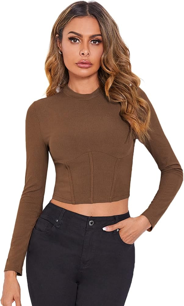 SweatyRocks Women's Mock Neck Long Sleeve Ribbed Knit Slim Fitted Crop Top T Shirts Black L at Am... | Amazon (US)