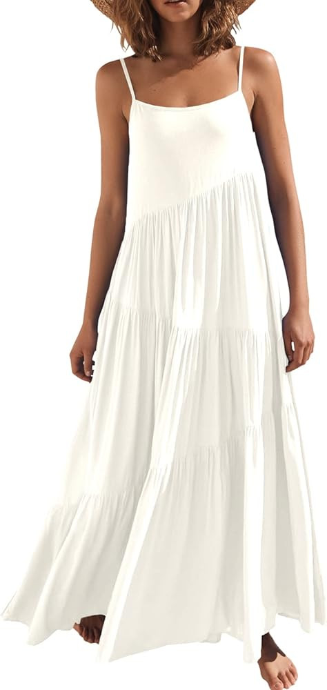 ANRABESS Women’s Summer Casual Loose Sleeveless Spaghetti Strap Asymmetric Tiered Beach Maxi Lo... | Amazon (US)