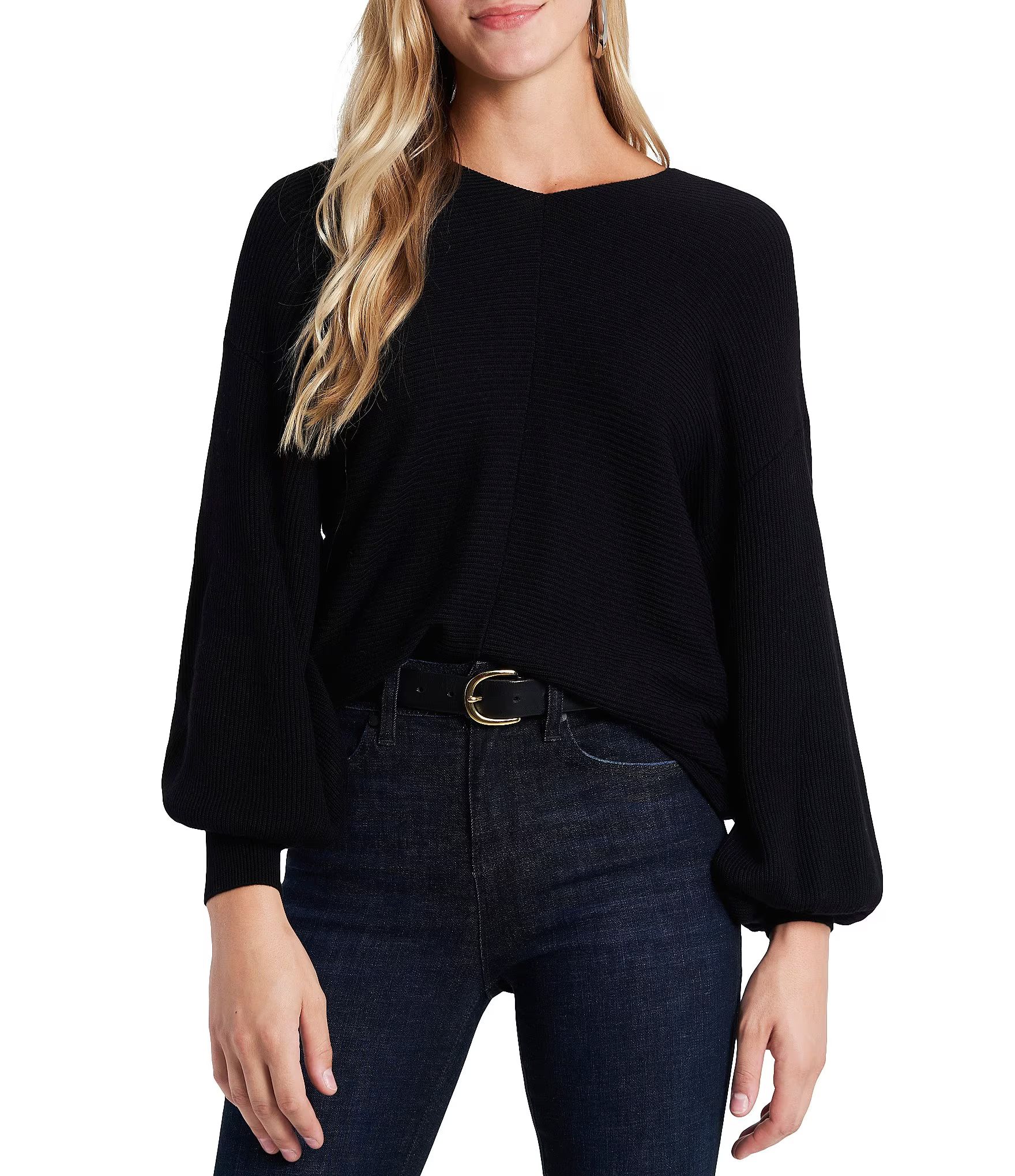 Long Balloon Sleeve V-Neck Statement Sweater | Dillard's