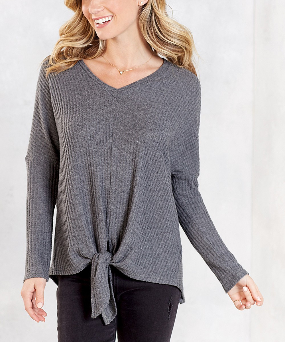 Mud Pie Women's Blouses GRAY - Gray Waffle-Knit Tie-Front Pepper V-Neck Top - Women | Zulily