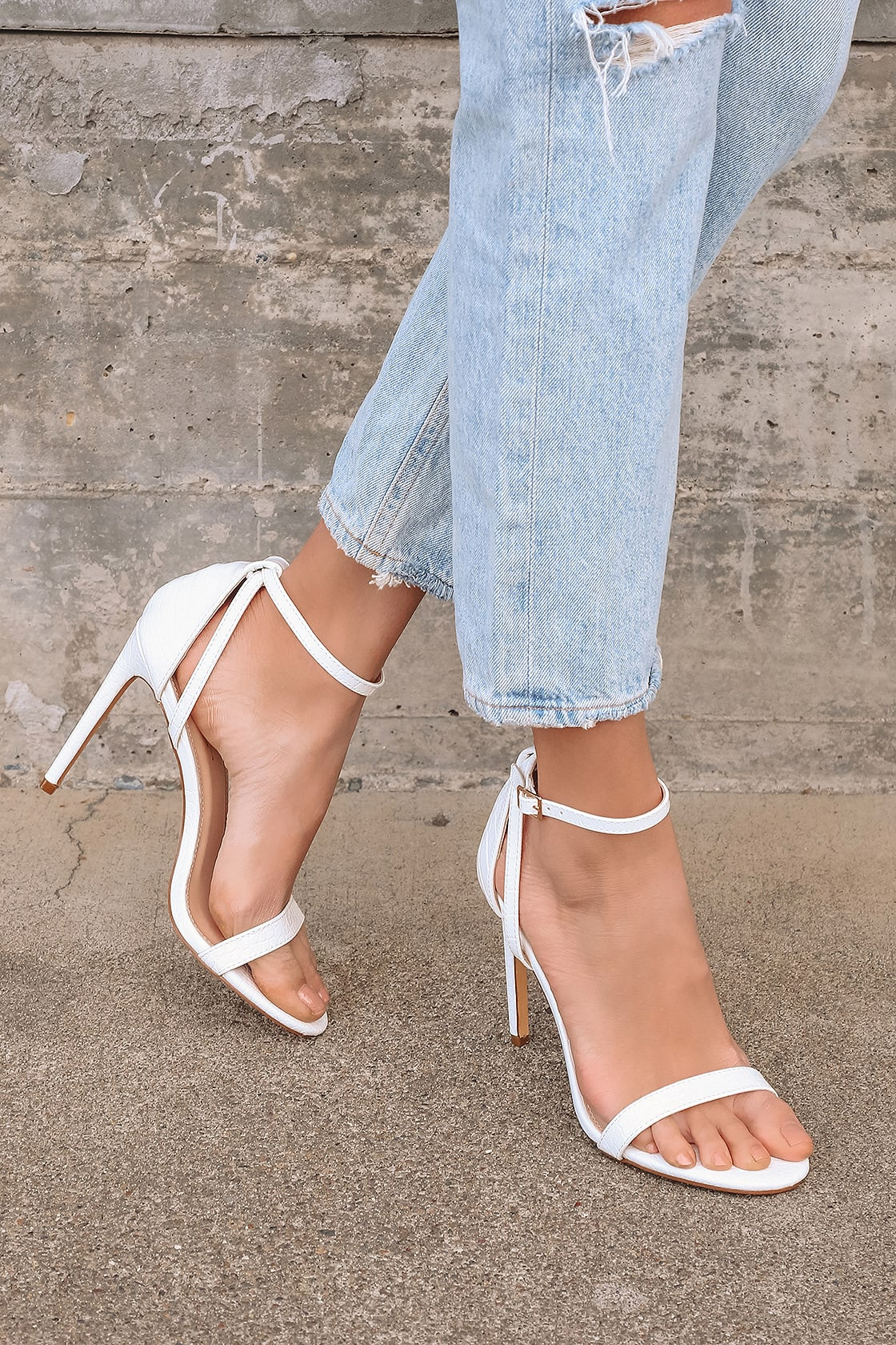 Sila White Crocodile-Embossed Ankle Strap Heels | Lulus (US)