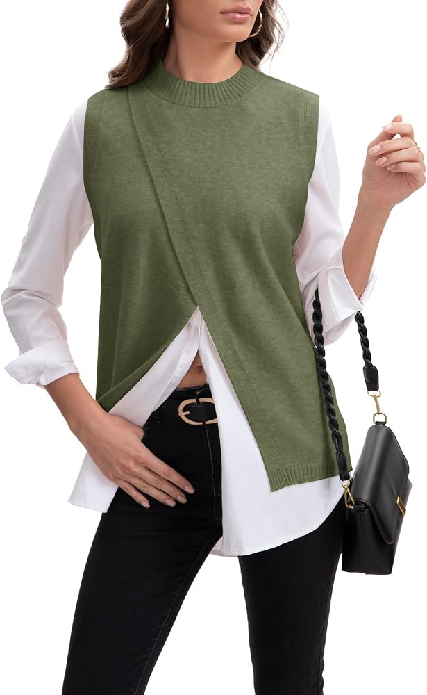 Women\u2019s Mock Neck Sweater Vests, Sleeveless Knit Pullover Tops Casual Split Hem Shirt Trendy... | Amazon (US)