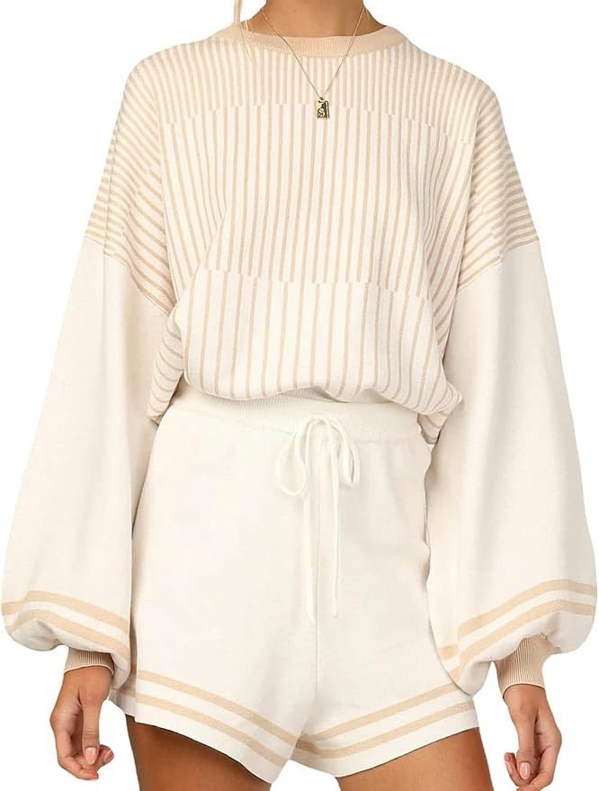 Rxozrxoz Women's Casual Striped 2 Piece Knitted Outfits Crewneck Wide Leg Pullover Knit Shorts Sw... | Amazon (US)