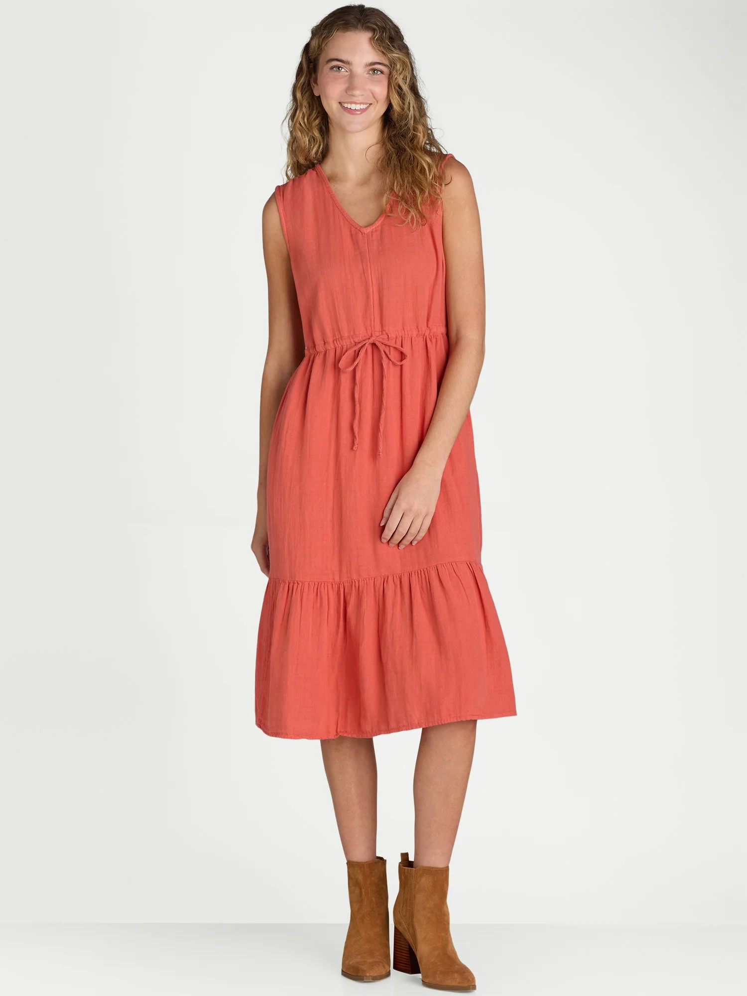 Time and Tru Women's Sleeveless Cotton Double Cloth Dress, Sizes XS-XXXL | Walmart (US)