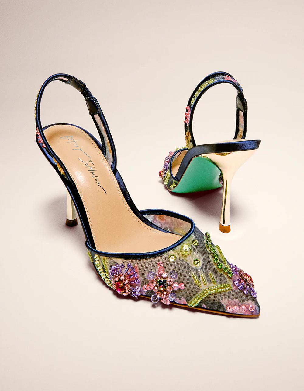 VELMA NAVY MULTI Pointed-Toe Stiletto Pump Mesh Heel | Women's Heels | Betsey Johnson