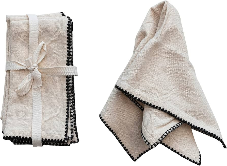 Creative Co-Op Modern Farmhouse Square Cotton Embroidered Trim, Natural and Black Napkin, Ivory | Amazon (US)