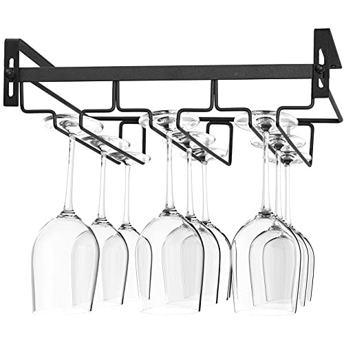 Kamehame Wine Glass Rack Under Cabinet, Nail Free Hanging Stemware Rack Metal Glasses Holder Storage Hanger for Kitchen, Bar(3 Rows, Black) | Amazon (US)