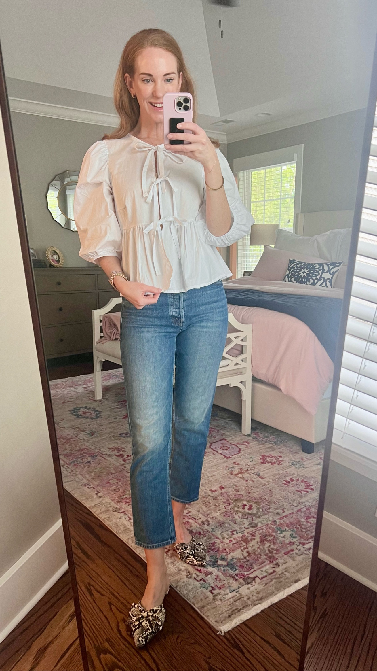 This blouse from Amazon is so good! Great quality and such a cute spring look. I’m wearing a size Small. 
I’ve been wearing these Mother Tomcat jeans on repeat and these bow mules are comfy and come in tons of colors! 

#LTKfindsunder100 #LTKSeasonal #LTKstyletip