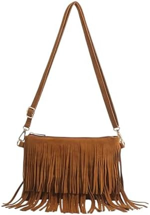 OYOANGLE Women's Boho Suede Fringe Trim Crossbody Bags Tassel Hippie Western Cowgirl Bag | Amazon (US)