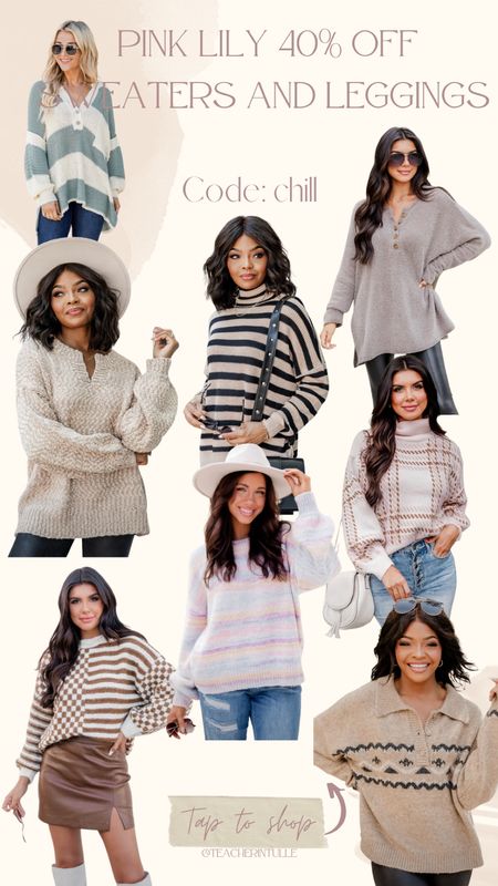 Pink Lily is having a sale on all sweaters and leggings! 40% off with code chill! Grab them while you can! 

#LTKsalealert #LTKfindsunder50 #LTKHolidaySale