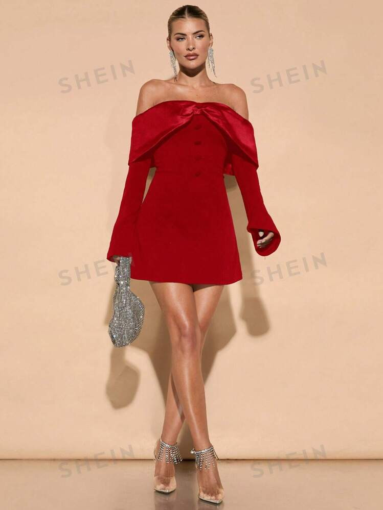 SHEIN BAE Women's Autumn Long Sleeve Bow Decor Off Shoulder Cocktail Party Dress, Sweet For Datin... | SHEIN
