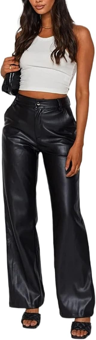 Rteyno Women's Faux Leather Pants Elastic High Waist Straight Wide Leg Punk Solid Color Pu Trousers  | Amazon (US)
