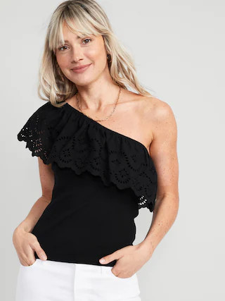 Eyelet One-Shoulder Paneled Rib-Knit Top for Women | Old Navy (US)