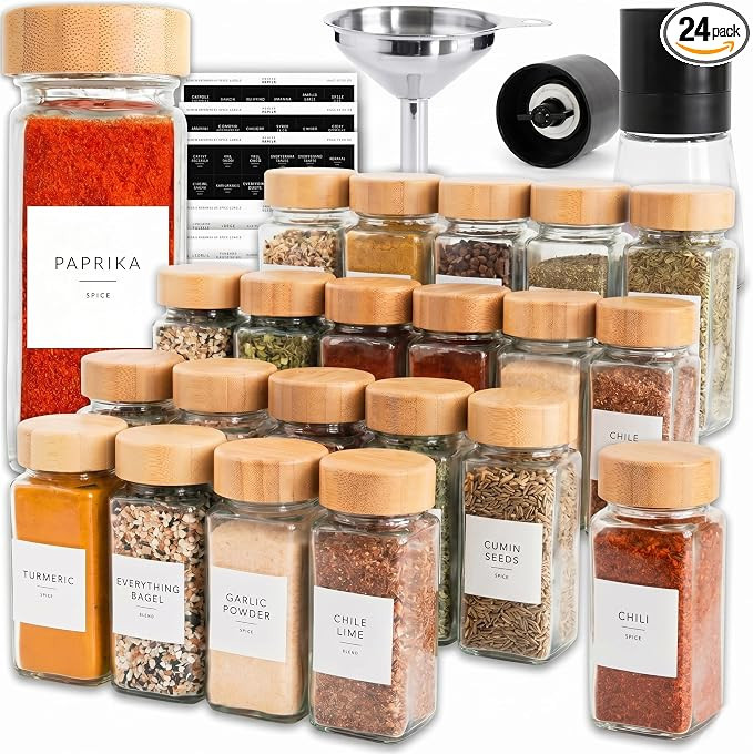 SAVVY & SORTED Glass Spice Jars with Label, 24PK Bamboo Jar Spices Set 4oz, 374 Spice Labels, Pep... | Amazon (US)