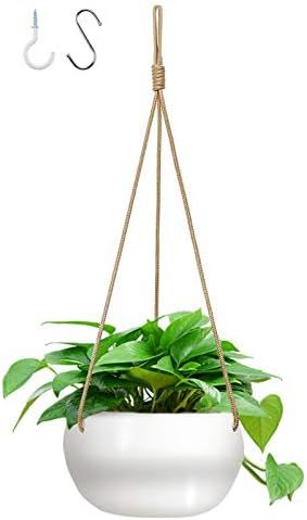 GROWNEER 7 Inches Ceramic Hanging Planter with 2 Hooks, White Porcelain Wall Hanging Plant Holder... | Amazon (US)