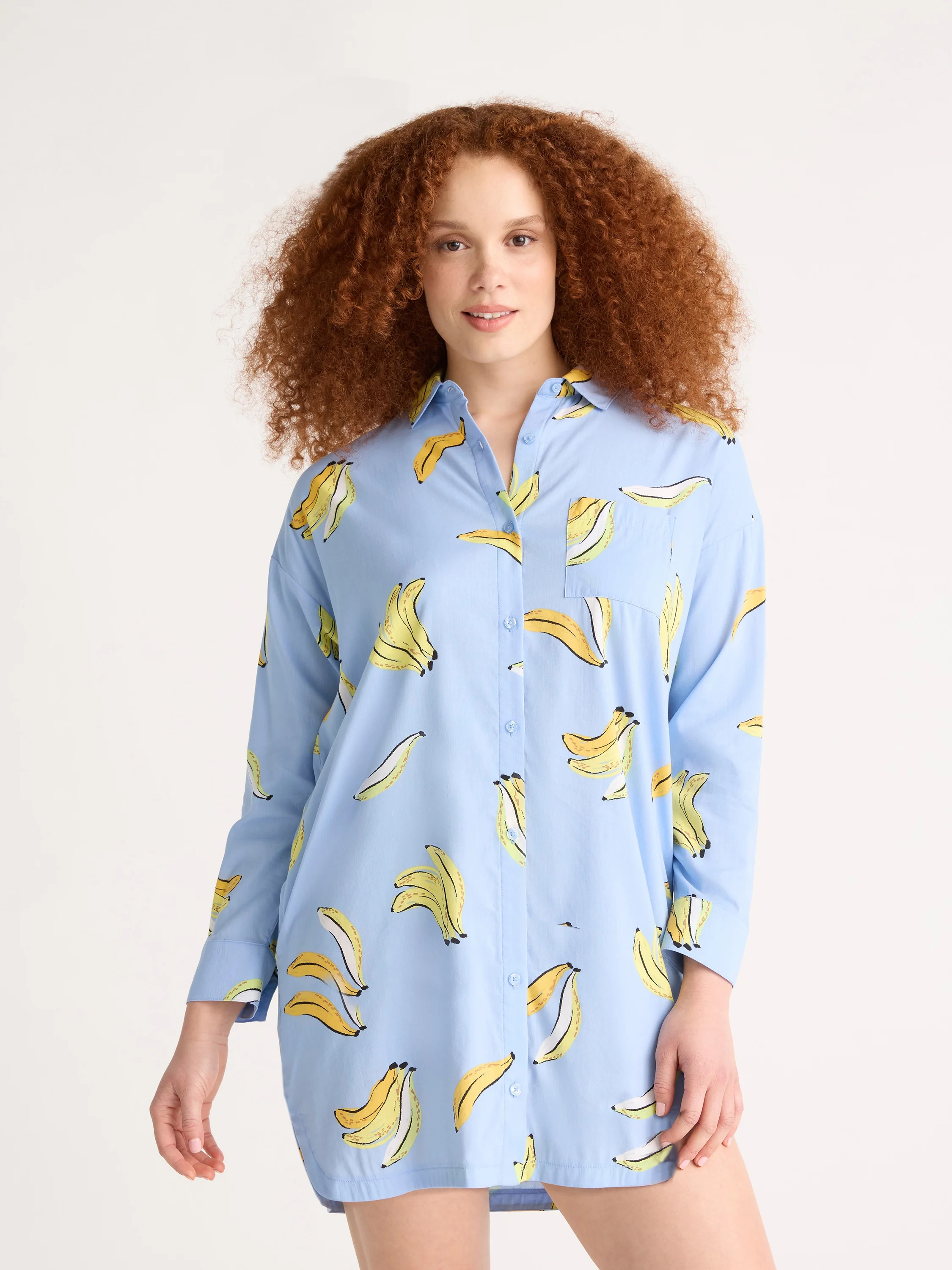 Joyspun Women’s Woven Long Sleeve Button Front Sleepshirt, Sizes XS-3X | Walmart (US)