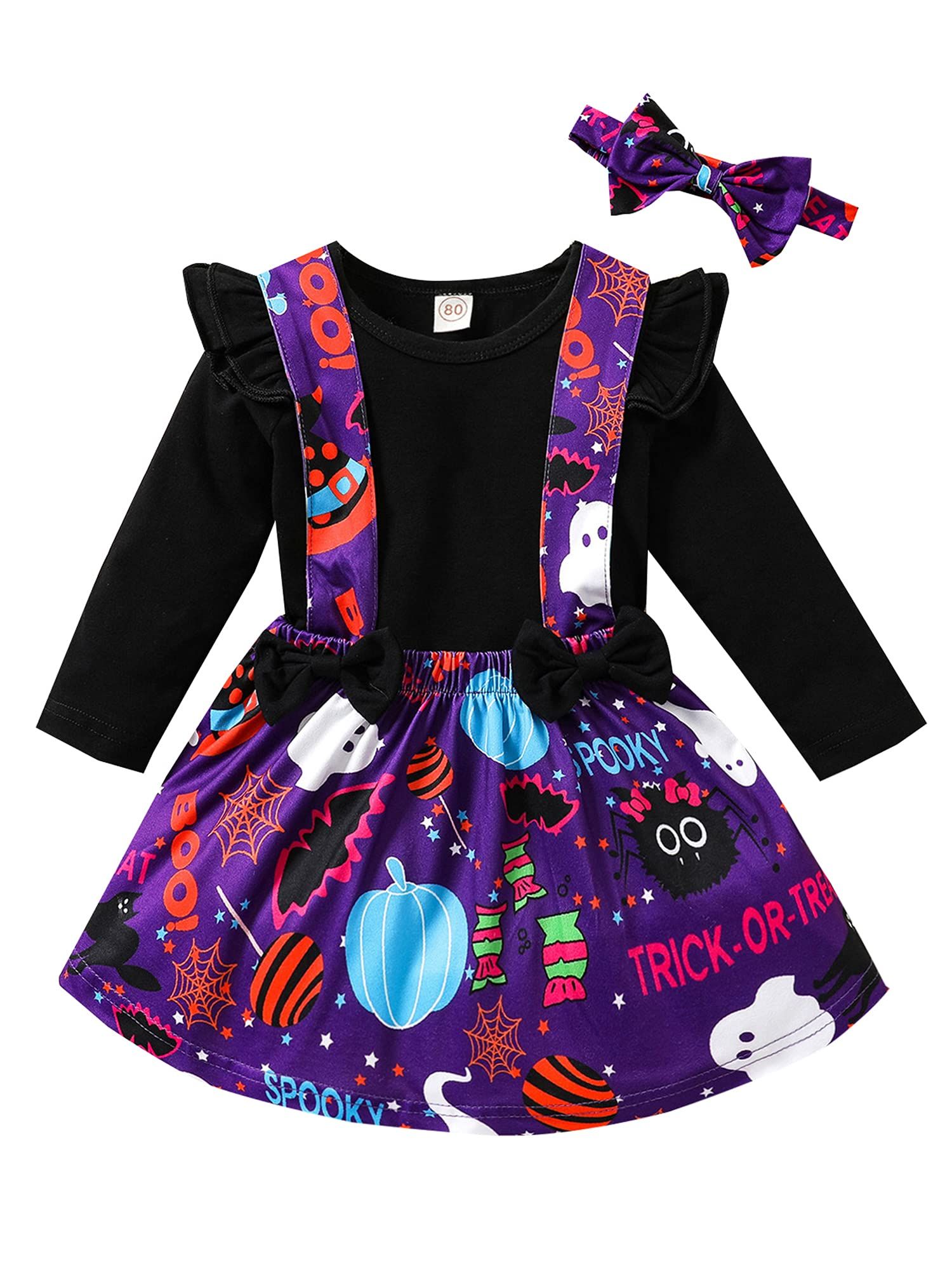 Toddler Girl Halloween Outfits Letter PrintRuffled FlyLong Sleeved Pumpkin Suspender Skirt Set | Amazon (US)