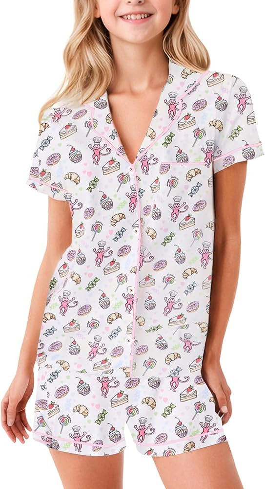 Girls Summer Outfit, Kids 2 Piece Button Down Monkey Beach Shorts Set Ugly Animal Y2k Preppy Loun... | Amazon (US)