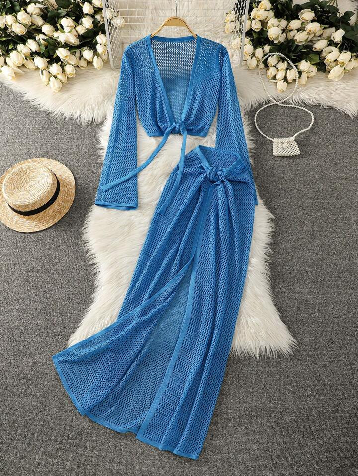 Women's Vacation Solid Color Hollow-Out Front Knot Crop Tops & Wrap Skirt Suit | SHEIN