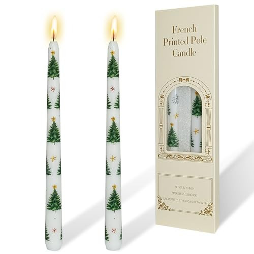 Set of 2 Printed Christmas Tree Patterns Taper Candles -10 Inch Tall Unscented Smokeless YUKCAXDLS Candle for Holiday Table Centerpieces Party Decor Holiday Gift | Amazon (US)